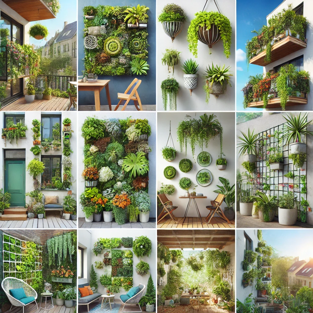 Creative vertical gardens and green walls in small urban spaces, featuring wall-mounted planters, hanging pots, and trellises with lush greenery, succulents, ferns, and flowering plants in cozy outdoor settings.