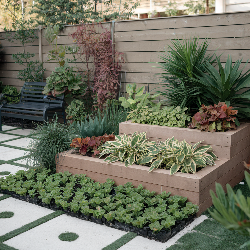 Before and after pictures of a layered planting design in a small yard.