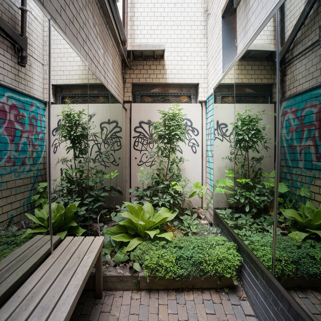 use of mirrors in small urban gardens to expand the perception of space.
