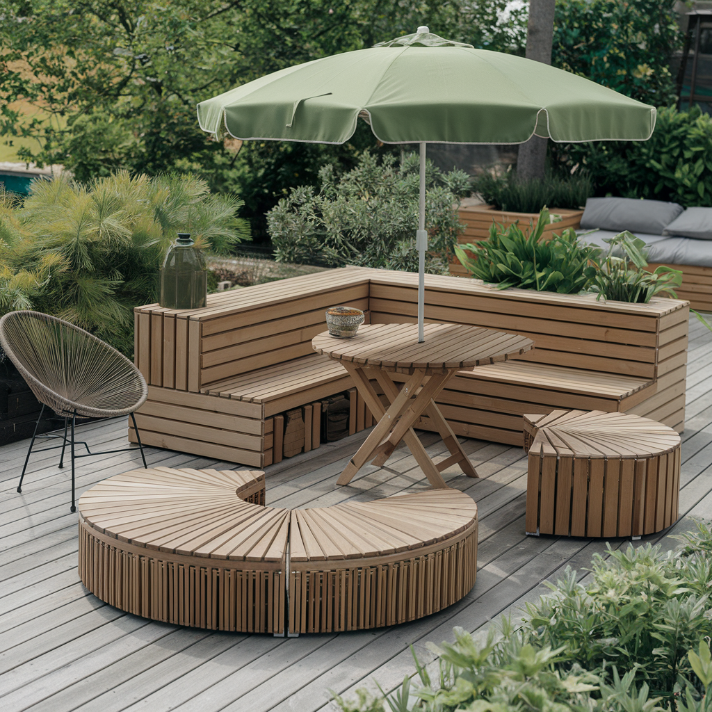 demonstrating multifunctional garden furniture like benches with storage, foldable tables, or modular seating.