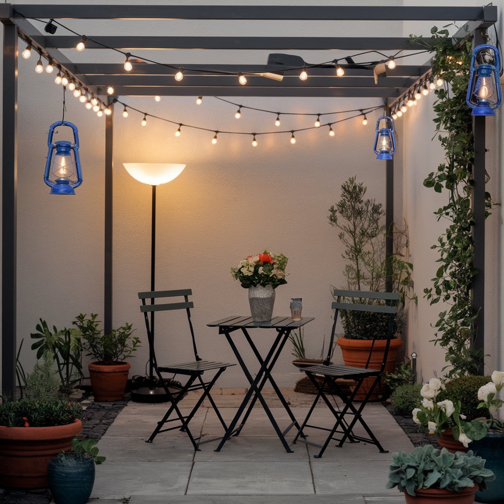 series of images displaying various lighting options, such as string lights and solar lanterns in a small outdoor space